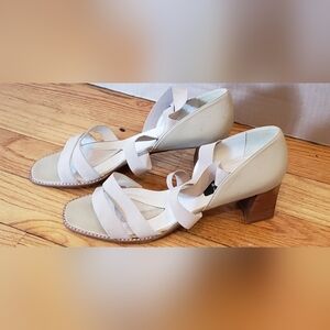 Stuart Weitzman Beige Strappy Elastic Mid Heels